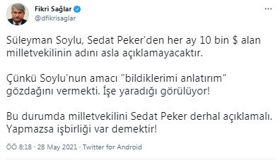 Sedat Peker'e çağrı: ''10 bin dolar alan siyasetçiyi derhal açıkla'' - Resim : 1