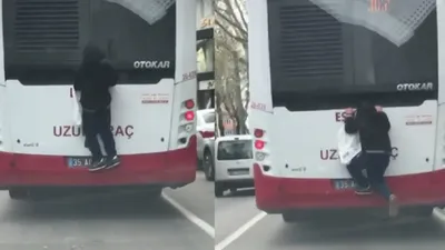 Hareket halindeki otobüse tutunarak canını hiçe saydı!