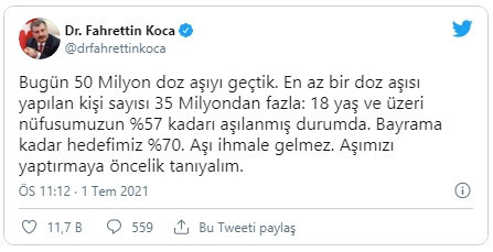 Türkiye'de nüfusun ne kadarının aşılandığını açıklandı - Resim : 1