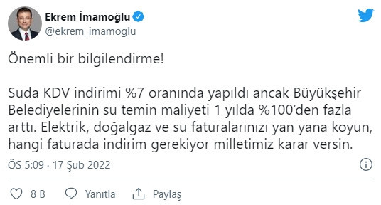 İmamoğlu: ''Suda KDV indirimi yapıldı ancak belediyelerin su temin maliyeti %100’den fazla arttı'' - Resim : 1