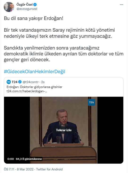 CHP'li Özgür Özel'den, diş hekimlerine ''Varsın gidiyorlar, gitsinler'' diyen Erdoğan'a yanıt - Resim : 1