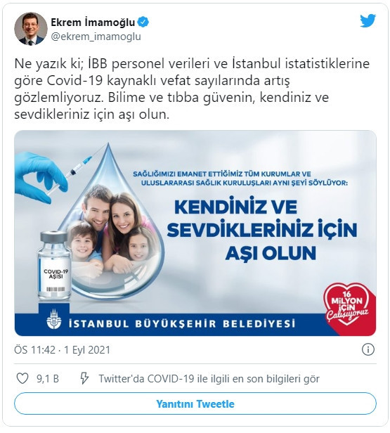 İmamoğlu'ndan İstanbullulara uyarı: ''Vefat sayıları artıyor, aşı olun'' - Resim : 1