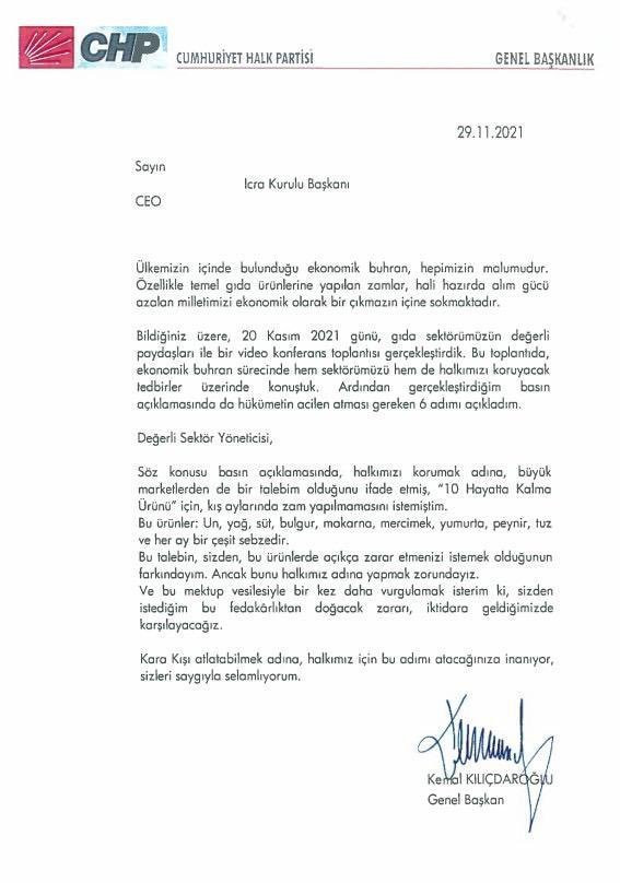 Kılıçdaroğlu bürokratlardan sonra market zincirlerine bu mektubu gönderdi - Resim : 1