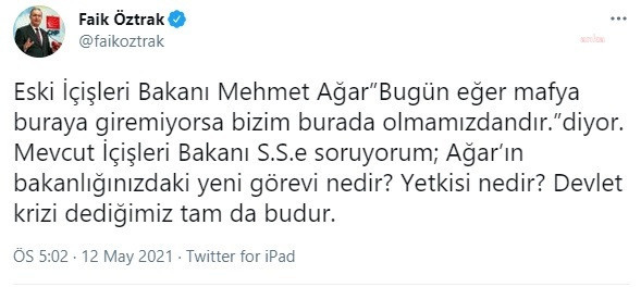 CHP'den Bakan Soylu'ya ''Mehmet Ağar'' sorusu - Resim : 1