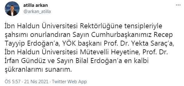 Yeni atanan rektör, Bilal Erdoğan'a da teşekkür etti - Resim : 1