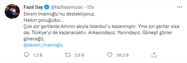 Fazıl Say'dan İmamoğlu'na: ''İstanbul'u kazanmıştır, Türkiye'yi de kazanacak'' - Resim : 1