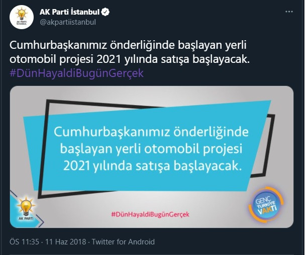 AK Parti'nin 2018 tarihli ''yerli otomobil'' tweeti gündeme bomba gibi düştü - Resim : 1