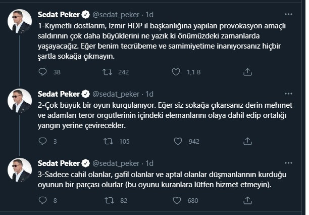 Sedat Peker'den HDP binasına saldırıya ilişkin açıklama: Sokağa çıkmayın - Resim : 1