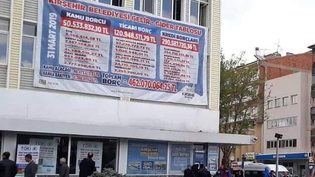 Kırşehir'de yeni başkan belediyenin borçlarını binaya astırdı