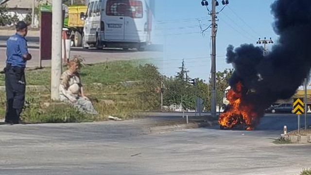 Alev topuna dönen otomobilden son anda kurtuldu