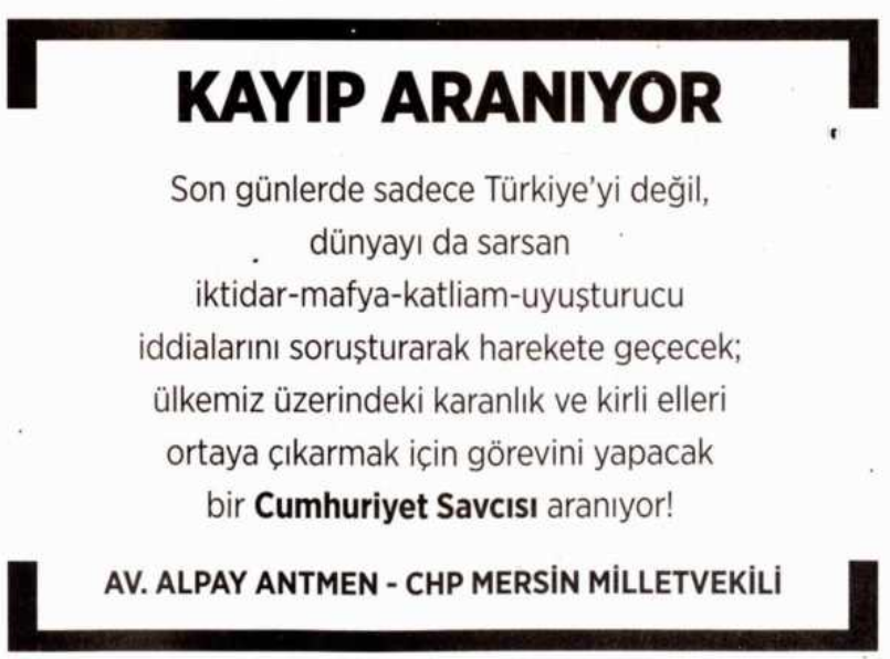 CHP Mersin Milletvekili Alpay Antmen Kayıp Aranıyor İlanı