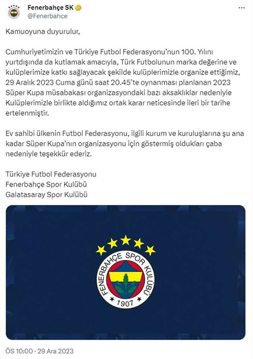 Süper Kupa skandalı sonrası TFF, Galatasaray ve Fenerbahçe'den ortak bildiri! - Resim : 1