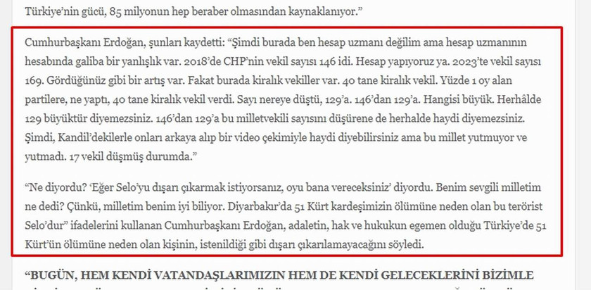 Cumhurbaşkanı Erdoğan'ın seçim sonrasında Cumhurbaşkanlığı'nda yaptığı balkon konuşması, Cumhurbaşkanlığı'nın internet sitesinin İngilizce versiyonunda "Bay Kemal" ve "Terörist Selo" ifadeleri yer almadan eklendi.