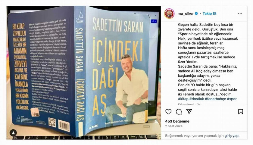 İş insanı Murat Ülker, sosyal medya hesabından Fenerbahçe Spor Kulübü başkan adayı olan Sadettin Saran'ı desteklediğini duyurdu. 