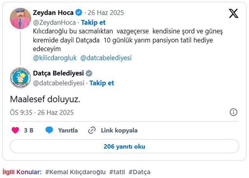 30 Haziran tarihinde görülecek CHP'nin kurultay davası öncesinde partinin eski genel başkanı Kemal Kılıçdaroğlu'nun yaptığı çıkışlar tepki çekmeye devam ederken, CHP'li Datça Belediyesi'nin Kılıçdaroğlu için tatil teklifine verdiği yanıt olay oldu.