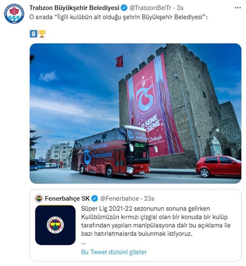 Trabzon Büyükşehir Belediyesi'nden Fenerbahçe taraftarını kızdıran paylaşım - Resim : 1
