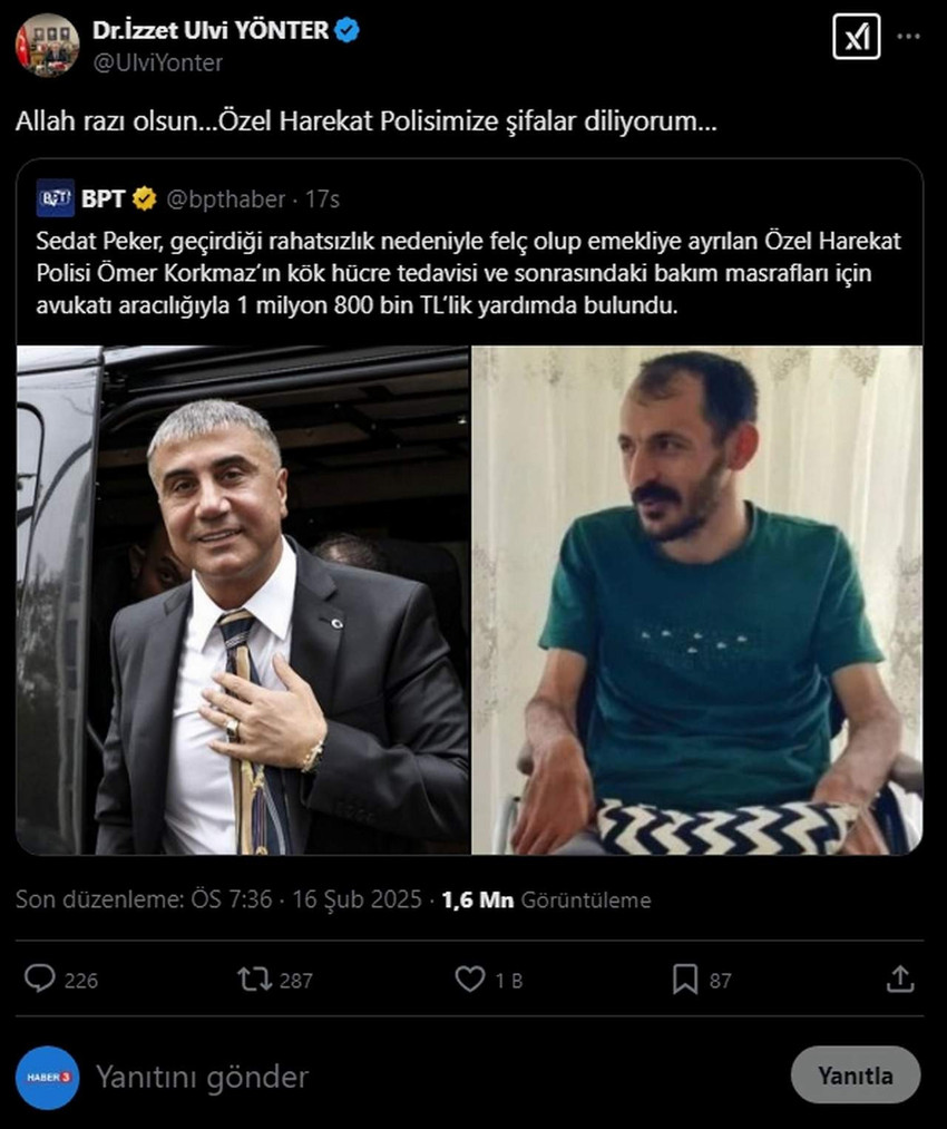 MHP İstanbul Milletvekili İzzet Ulvi Yönter hakkında kırmızı bültenle yakalama kararı bulunan ve Birleşik Arap Emirlikleri'nde yaşadığı bilinen suç örgütü lideri Sedat Peker için sosyal medyadan teşekkür edip "Allah razı olsun" dedi.