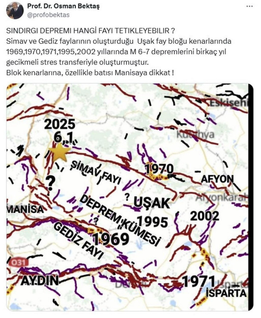 Balıkesir'in Sındırgı ilçesinde meydana gelen ve Edirne'den İzmir'e kadar hissedilen 1 kişinin öldüğü 29 kişinin de yaralandığı 6,1 büyüklüğündeki depremi yorumlayan Prof. Dr. Osman Bektaş "Manisa'ya dikkat" dedi.