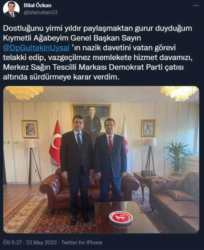 Bilal Özkan'ın AK Parti'den istifa DP'ye katılım paylaşımı