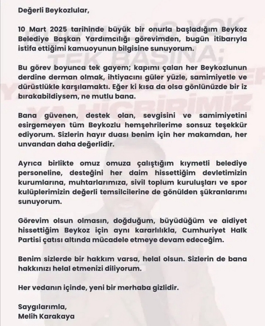 CHP'li Beykoz Belediye Başkan Yardımcısı Melih Karakaya, görevinden istifa ettiğini duyurdu.