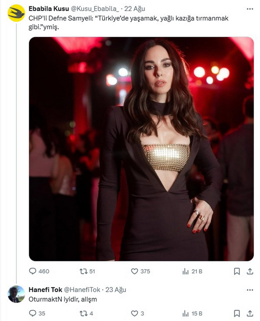 AK Partili Trabzon Çaykara Belediye Başkanı Hanefi Tok, geçtiğimiz günlerde, Silivri Cezaevi'nde tutuklu bulunan gazeteci Fatih Altaylı'nın programında "Türkiye’de yaşamak, yağlı kazığa tırmanmak gibi" ifadelerini kullanan ünlü sunucu Defne Samyeli'ne belden aşağı iğrenç ifadelerle karşılık verdi.