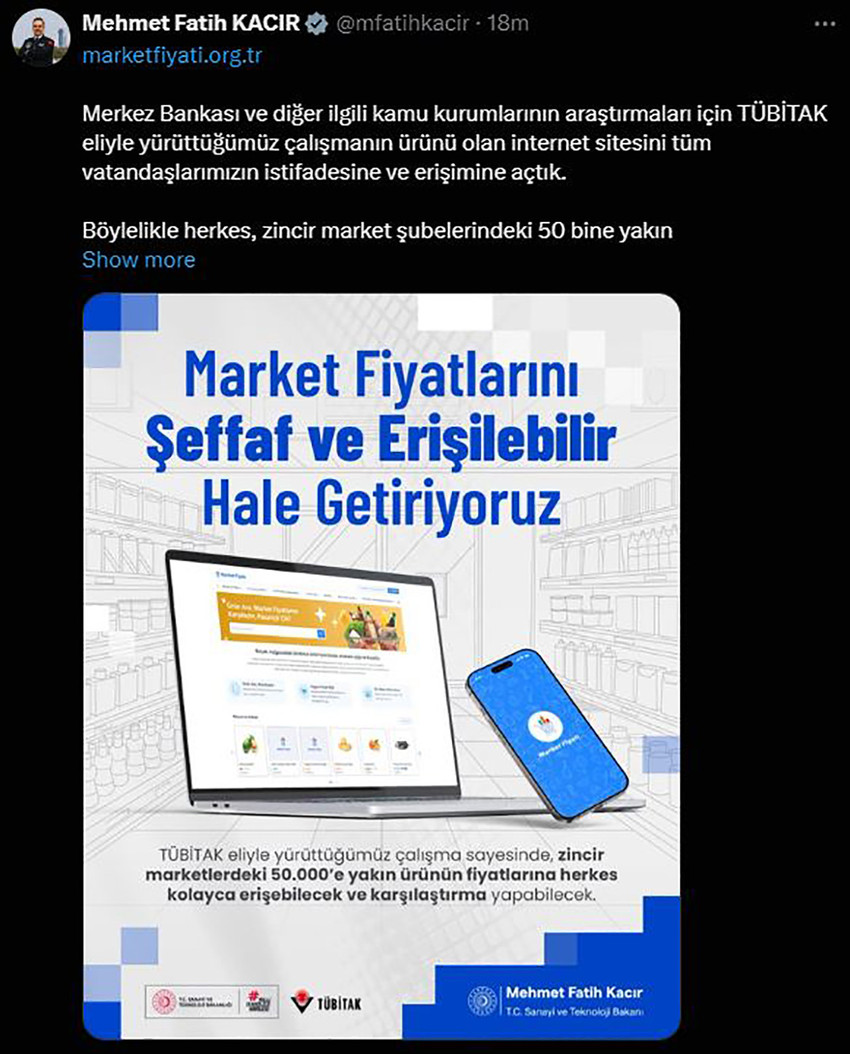 Sanayi ve Teknoloji Bakanı Mehmet Fatih Kacır, zincir marketlerdeki 50 bine yakın ürünün fiyatının görülebileceği internet sitesinin erişime açıldığını duyurdu. 