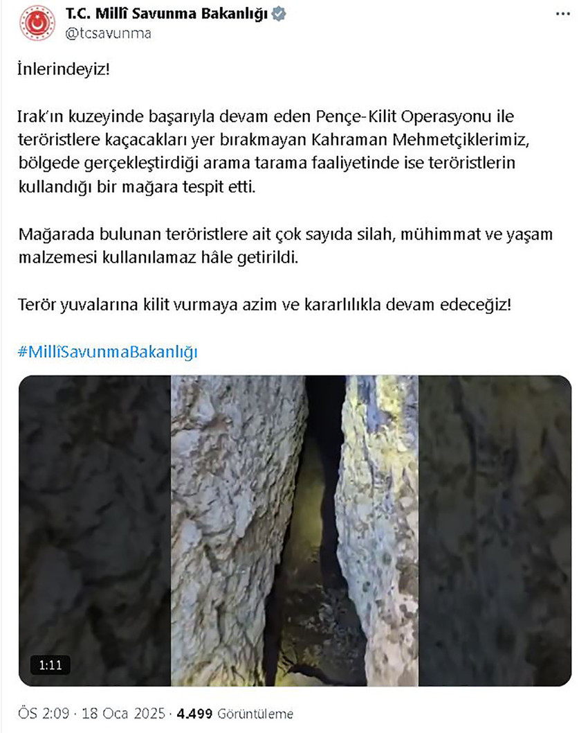 Milli Savunma Bakanlığı, Irak'ın kuzeyindeki Pençe-Kilit Operasyonu bölgesinde teröristlerin kullandığı bir mağaranın tespit edildiğini duyurdu.