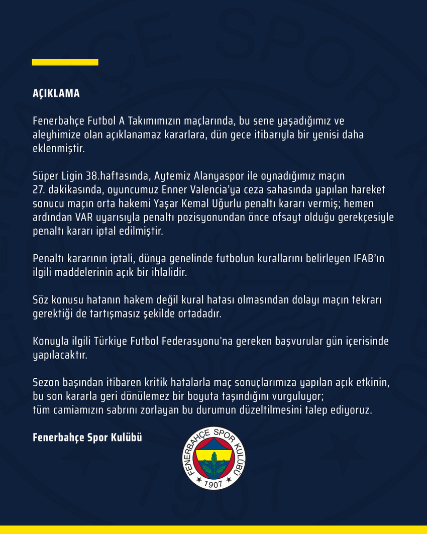 Fenerbahçe Alanyaspor maçının tekrarını istedi - Resim : 1