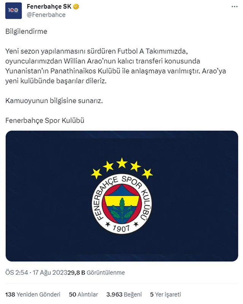 Fenerbahçe, Willian Arao transferini açıkladı - Resim : 1