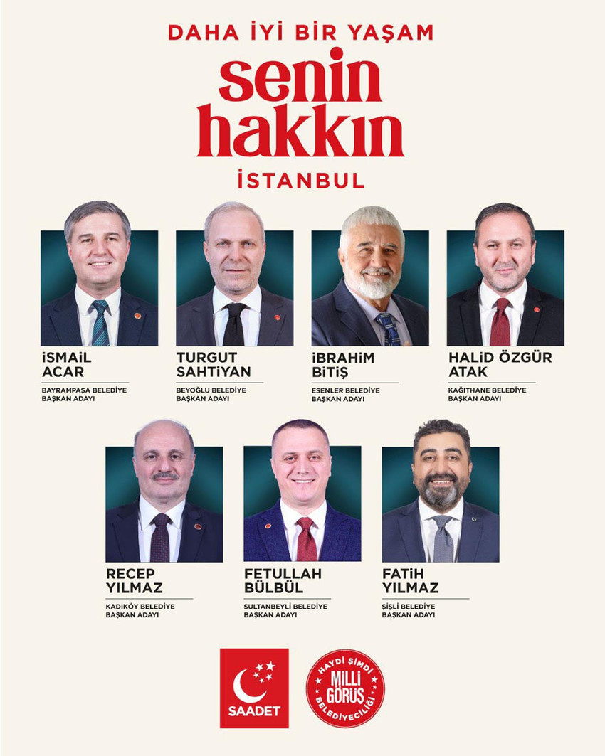 Saadet Partisi, İstanbul’daki Beyoğlu, Bayrampaşa, Kadıköy, Kağıthane, Şişli, Sultanbeyli ve Esenler ilçelerindeki belediye başkan adaylarını açıkladı.