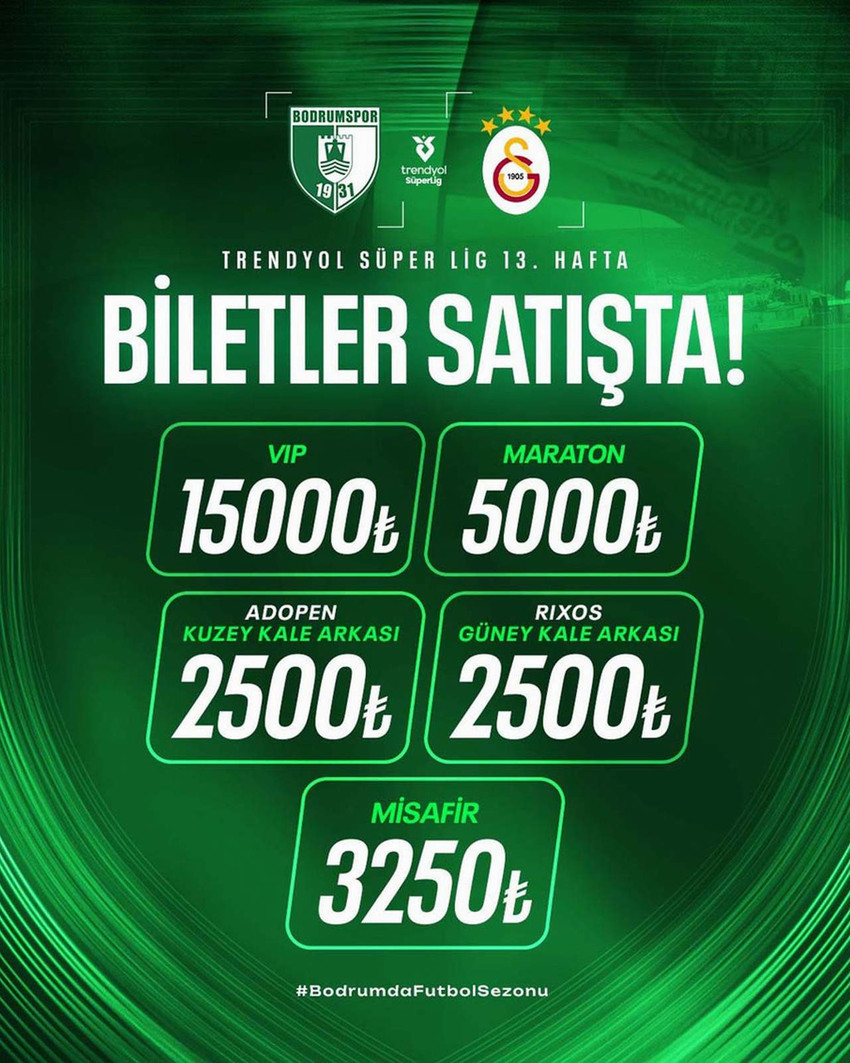 Trendyol Süper Lig'te Bodrumspor ile Galatasaray arasında oynanacak mücadelenin Bodrumspor tarafından belirlenen bilet fiyatları ağızları açık bıraktı.