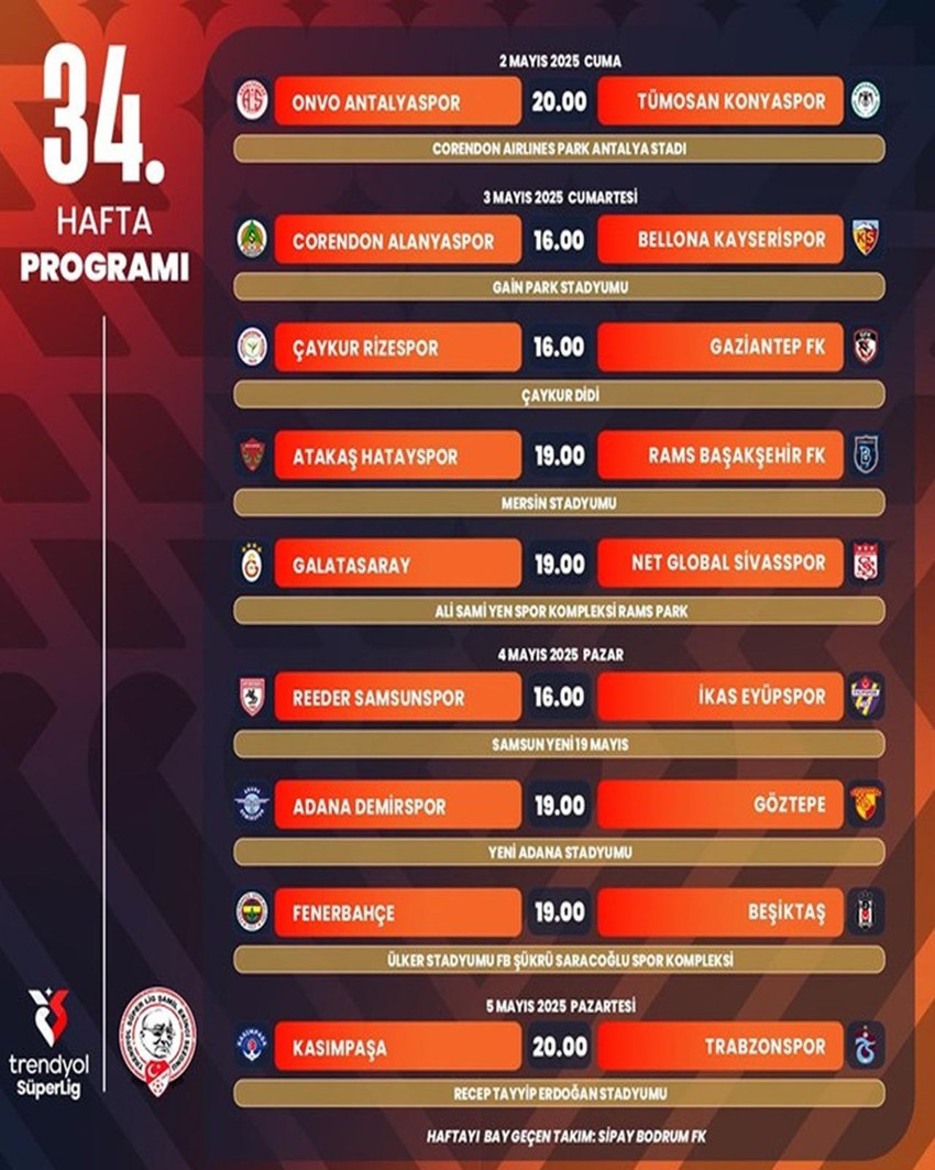 Süper Lig'de 3 haftanın maç programı belli oldu.  Fenerbahçe-Beşiktaş derbisi, 4 Mayıs Pazar günü saat 19.00'da oynanacak.