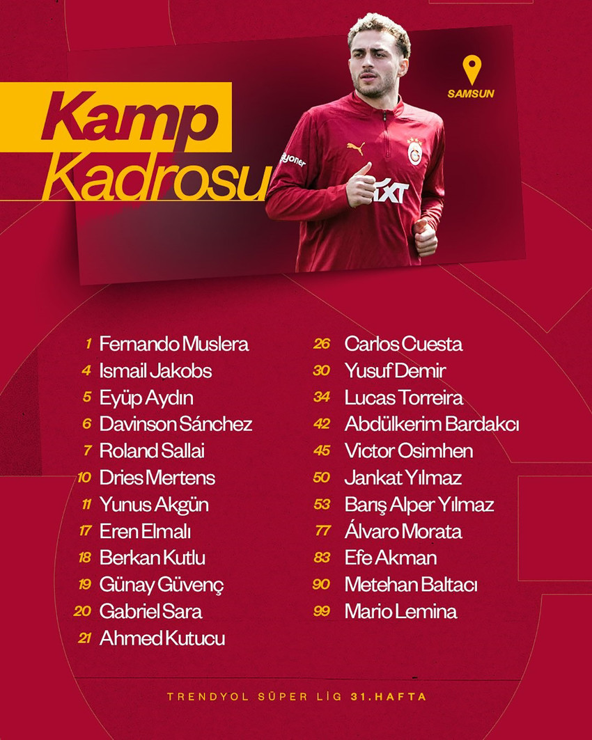 Süper Lig'in 31. haftasında Samsunspor ile karşılaşacak olan Galatasaray'ın kamp kadrosu belli oldu. Sarı-kırmızılıların, kamp kadrosunda Kaan Ayhan, Elias Jelert ve Kerem Demirbay kadroda yer almadı.