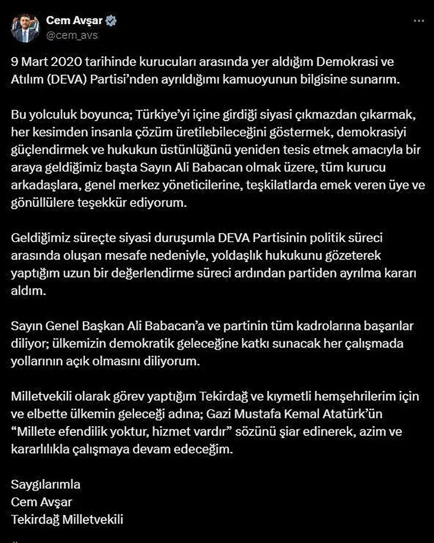 DEVA Partisi İstanbul Milletvekili Evrim Rızvanoğlu ve Tekirdağ Milletvekili Cem Avşar, partilerinden istifa ettiklerini duyurdu.