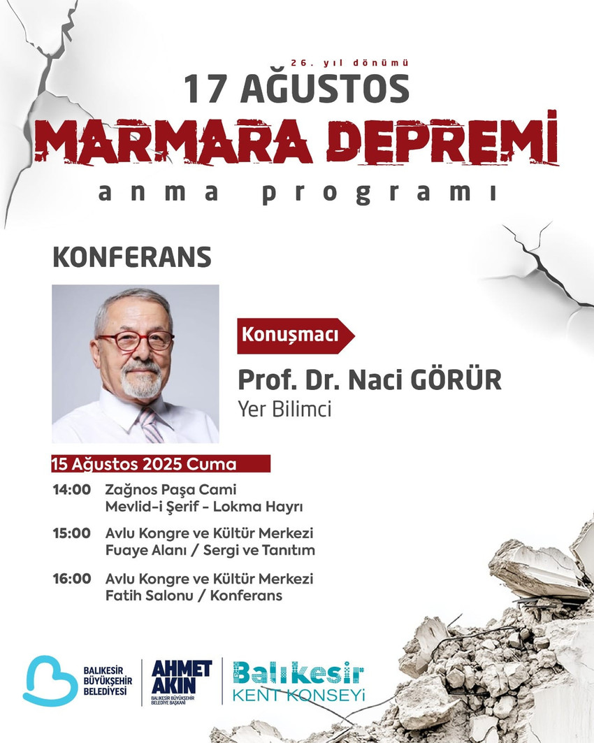 Balıkesir Büyükşehir Belediyesi öncülüğünde Balıkesir Kent Konseyinin koordinatörlüğünde, 17 Ağustos Marmara Depremi’nin 26.yılında anma programı düzenlenecek.