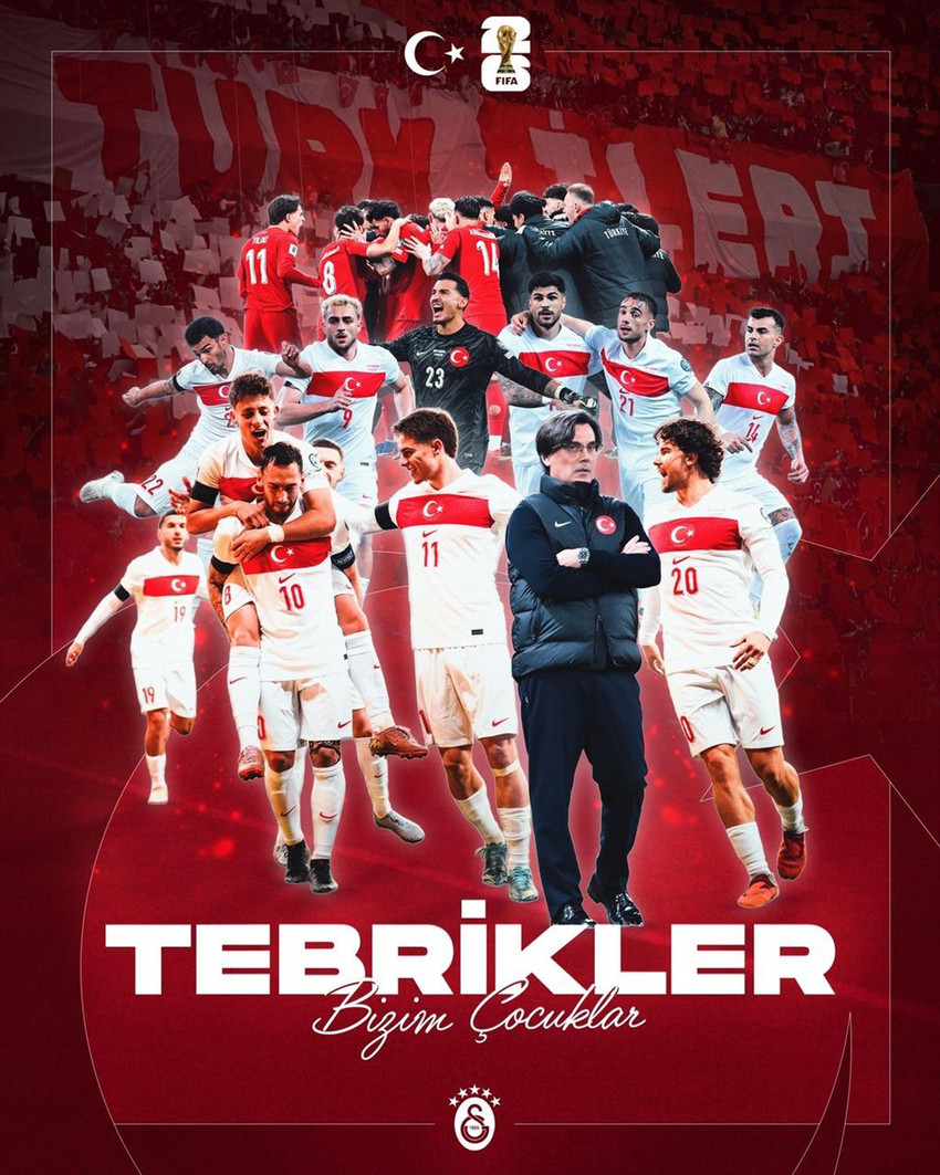 A Milli Takımımızın 24 yıl sonra gelen D&uuml;nya Kupası bileti kutlamalarına Galatasaray'ın tartışmalı paylaşımı damga vurdu. Kosova karşısında galibiyet gol&uuml;n&uuml; atan eski futbolcuları Kerem Akt&uuml;rkoğlu'na tebrik g&ouml;rselinde yer vermeyen sarı-kırmızılı kul&uuml;p, taraftarların tepkisini &ccedil;ekti. 