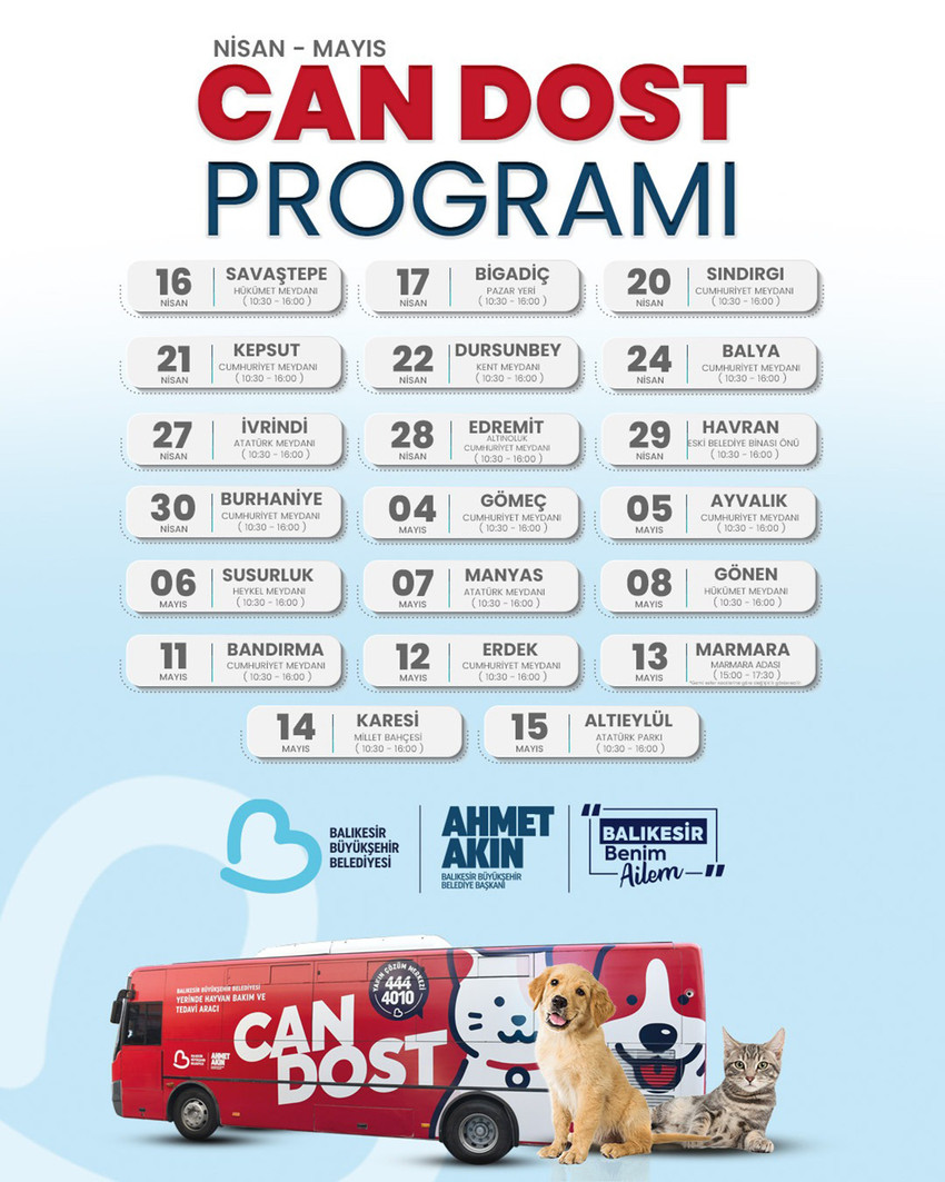 Balıkesir Büyükşehir Belediyesinin Can Dost Yerinde Hayvan Bakım ve Tedavi Aracı’nın Nisan-Mayıs programı belli oldu. 16 Nisan’da Savaştepe Hükümet Meydanı’ndan can dostlara şifa dağıtmaya başlayacak olan Can Dost Yerinde Hayvan Bakım ve Tedavi Aracı’nın programı, 15 Mayıs’ta Altıeylül Atatürk Parkı’nda sona erecek.
