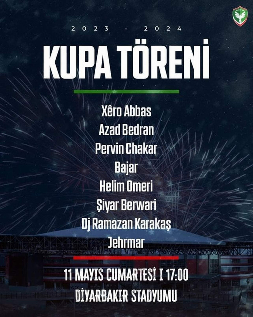 TFF 2. Lig Kırmızı Grup'ta şampiyon olan Amedspor, 11 Mayıs'ta Diyarbakır Stadyumu'nda kupa töreni düzenleyecek.