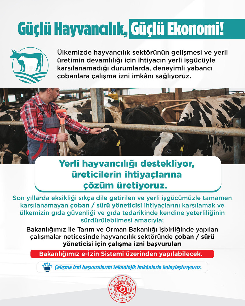 Hayvancılık sektöründe çoban açığını kapatmak isteyen Çalışma ve Sosyal Güvenlik Bakanlığı ile Tarım ve Orman Bakanlığı, yabancı çobanlara çalışma izni verileceğini duyurdu. 