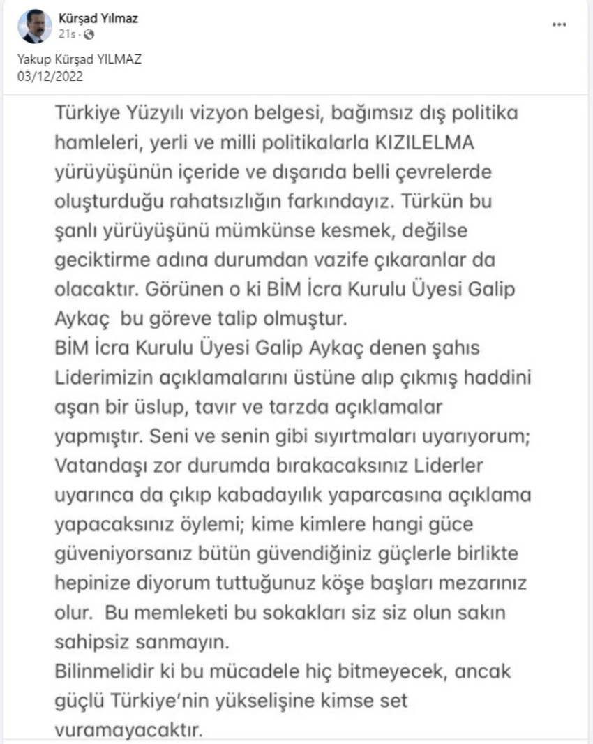 Bahçeli'ye yakın isimden BİM yöneticisi Galip Aykaç'a tehdit - Resim : 1