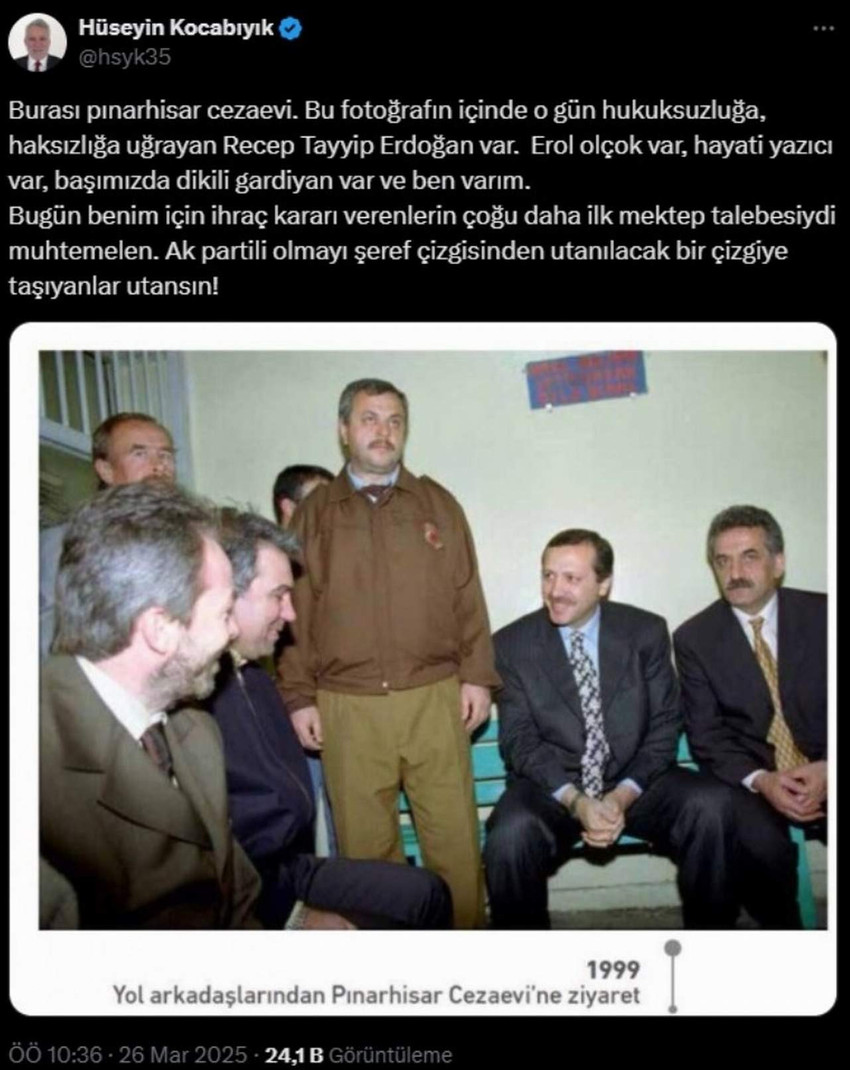 İBB Başkanı Ekrem İmamoğlu'nun gözaltına alınması sonrasında Cumhurbaşkanı ve AK Parti lideri Erdoğan'ı hedef alarak "Recep Tayyip Erdoğan…geleceğin yer burası mıydı? Biz bunlar için mi mücadele ettik? Bunun için mi mahkemelerde süründük yıllarca? Sen aslında kendine darbe yaptın haberin yok!" sözleriyle eleştiren eski AK Partili milletvekili Hüseyin Kocabıyık AK Parti'den ihraç edildi.