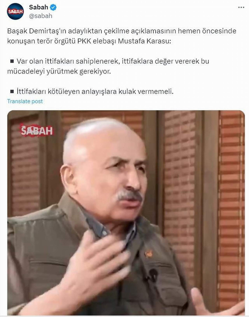 AK Parti iktidarına olan yakınlığıyla bilinen Sabah gazetesi sosyal medya hesaplarından eli kanlı bölücü terör örgütü PKK'nın üst düzey yöneticilerinden Mustafa Karasu'nun propaganda videosunu paylaştı.