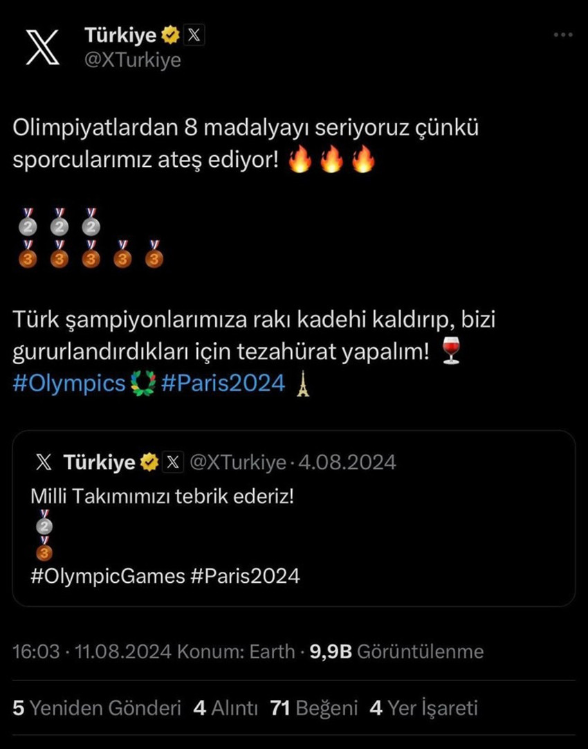 X Türkiye resmi hesabından Paris Yaz Olimpiyatları kapsamında yapılan 'rakı kadehi' ifadeli paylaşım gelen tepkiler üzerine kaldırıldı.