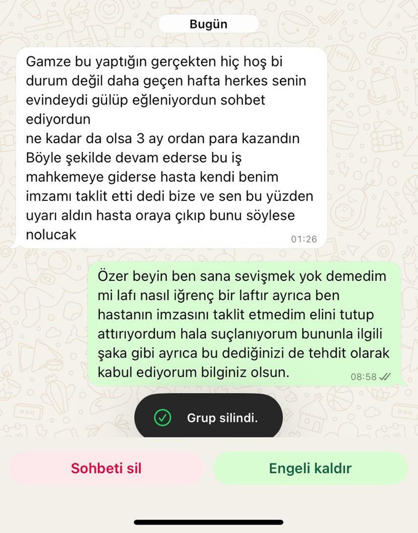 Kocaeli'nde bir özel diyaliz merkezinde çalışan genç kadın, hamile olduğunu iş yerine bildirdikten sonra hem hakaret hem de mobbing ile istifaya zorlandı. Yöneticisinin genç kadına attığı "ben sana sevişmek yok demedim mi" mesajı mide bulandırdı.