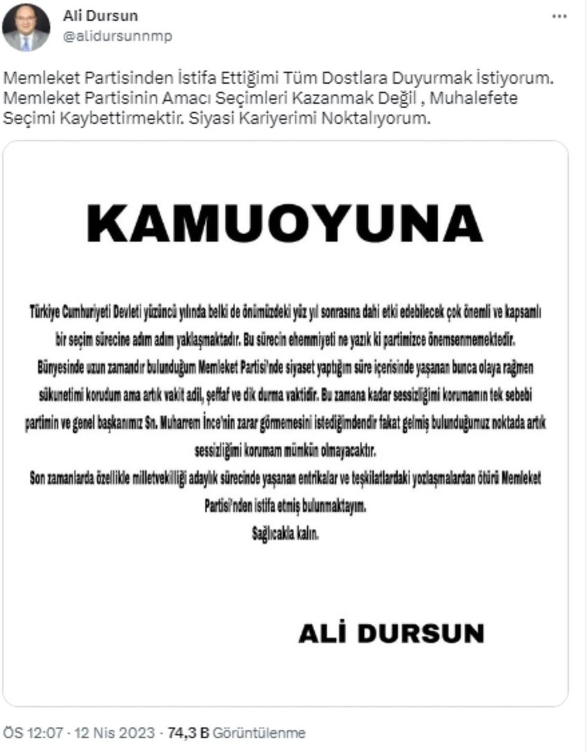 Memleket Partisi'nde deprem! ''Amaçları seçimi kazanmak değil'' deyip istifa etti - Resim : 1