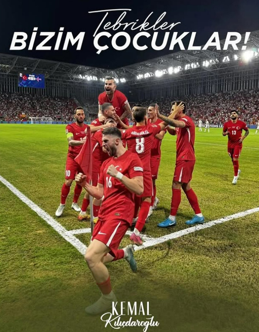 A Milli Futbol Takımı'nın 2026 D&uuml;nya Kupası zaferi sonrası Kemal Kılı&ccedil;daroğlu'ndan gelen kutlama mesajı, sosyal medyada olay oldu. oldu! Yapay zeka ile hazırlanan g&ouml;rseldeki futbolcuların y&uuml;zleri tanınmayacak hale gelince, takip&ccedil;iler "Bu hangi &uuml;lkenin takımı?" sorusunu sordu. 