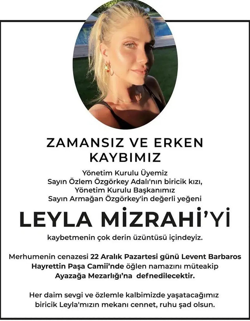 İş ve cemiyet hayatının tanınmış isimlerinden 32 yaşındaki Leyla Mizrahi, evinde &ouml;l&uuml; bulundu. Altı ay &ouml;nce anne olan Mizrahi'nin &ouml;l&uuml;m nedeni kalp krizi olarak a&ccedil;ıklandı.