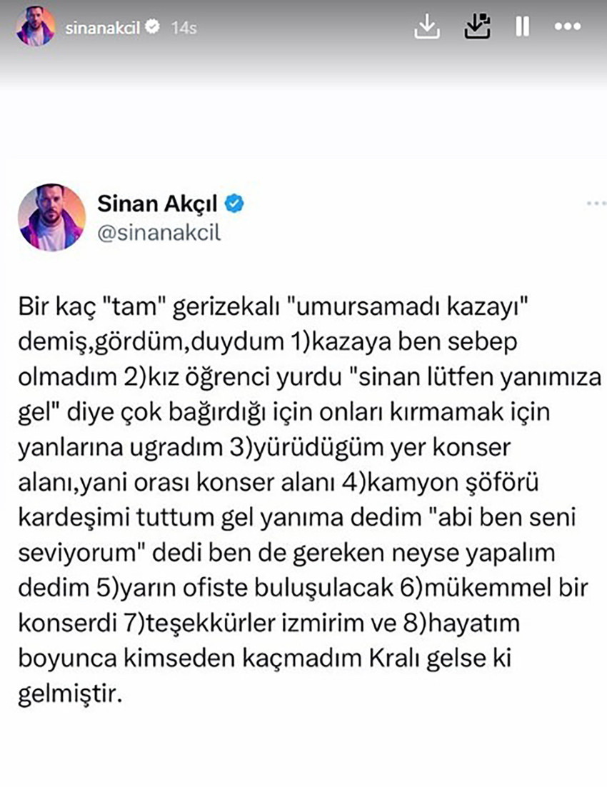 Ünlü şarkıcı Sinan Akçıl, İzmir'de karşıdan karşıya geçerken kazaya neden oldu. Akçıl'ın hiçbir şey olmamış gibi olay yerinden uzaklaşması sosyal medyada gündem oldu. 