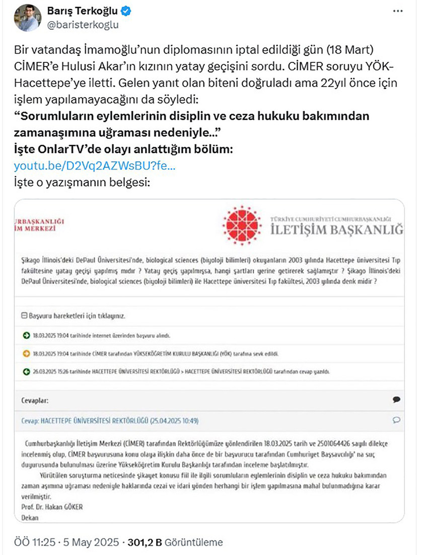 CİMER'e Hulusi Akar'ın kızı Şule Akar'ın yatay geçişiyle ilgili yöneltilen soruya ''Sorumluların eylemlerinin disiplin ve ceza hukuku bakımından zaman aşımına uğraması nedeniyle haklarında cezai ve idari yönden herhangi bir işlem yapılmasına mahal bulunmadığına karar verilmiştir.'' yanıtı verildi. 