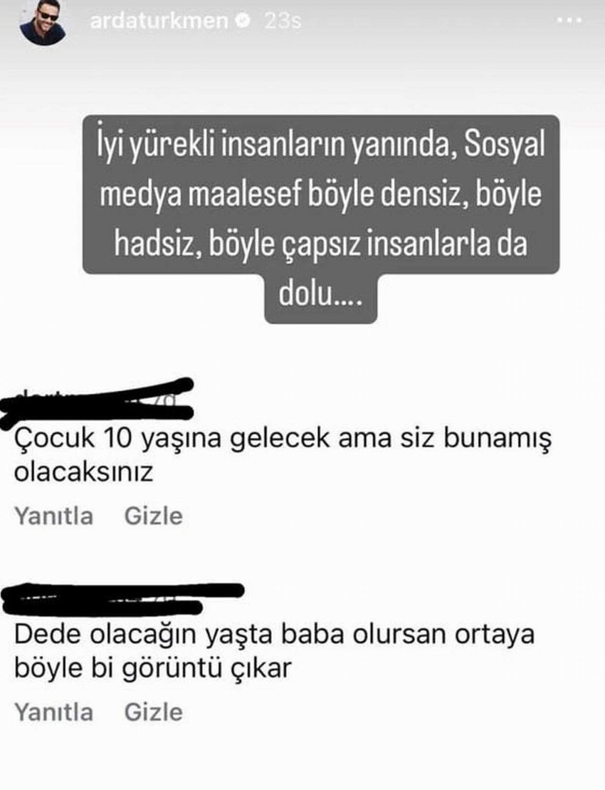 Şef Arda Türkmen 2021 yılında sosyal medya fenomeni Melodi Elbirliler ile dünyaevine girdi. Ünlü çift 2022'de de kızları Ada Siena'yı kucaklarına aldı.  Önceki gün kızıyla çekildiği bir fotoğrafı Instagram hesabından paylaşan 48 yaşındaki Türkmen, gelen yorumlara tepki gösterdi.  Türkmen, yorumları "İyi yürekli insanların yanında sosyal medya maalesef böyle densiz, böyle hadsiz, böyle çapsız insanlarla dolu" notuyla yayınladı.